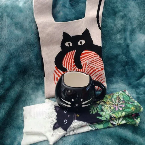 Cat Lover Gift Bundle Cat Mug Mini Knit Cat Bag Cat Print Gloves Cozy Cute Set - Picture 5 of 6